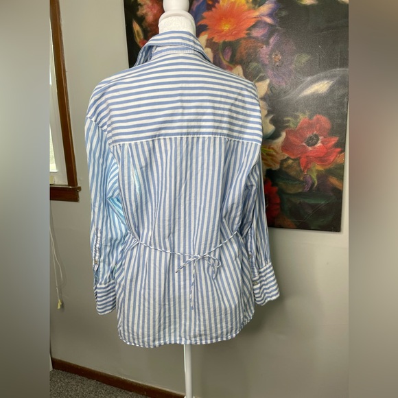 VINCE Riveria Blue Stripe Oversized Shirt Sz XS Tie Waist Retail 295 Coastal - Picture 6 of 11